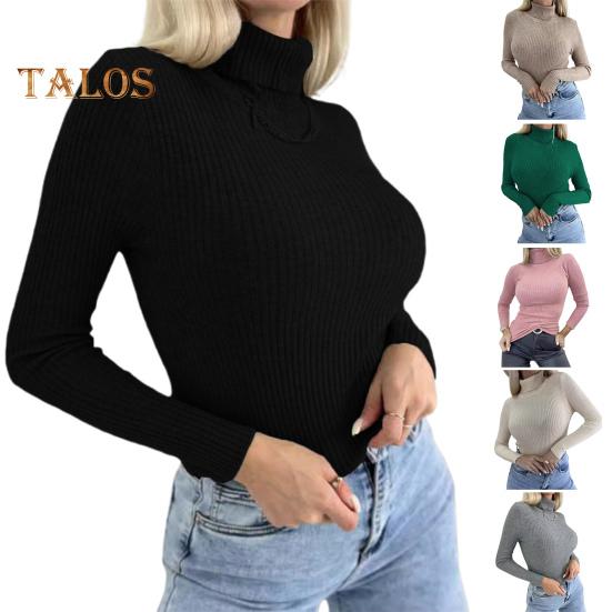 Damen-Pullover mit hohem Kragen, elastischem, atmungsaktivem Stoff, einfarbig, Strickpullover, Lazy Style, langärmelig, Slim Fit