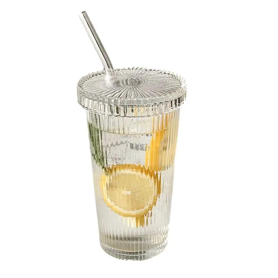 

1 шт. прозрачный простой стакан с соломинкой в вертикальную полоску с крышкой в стиле инс, высокоценный стакан для воды, стакан для молока и кофе, стакан для напитков