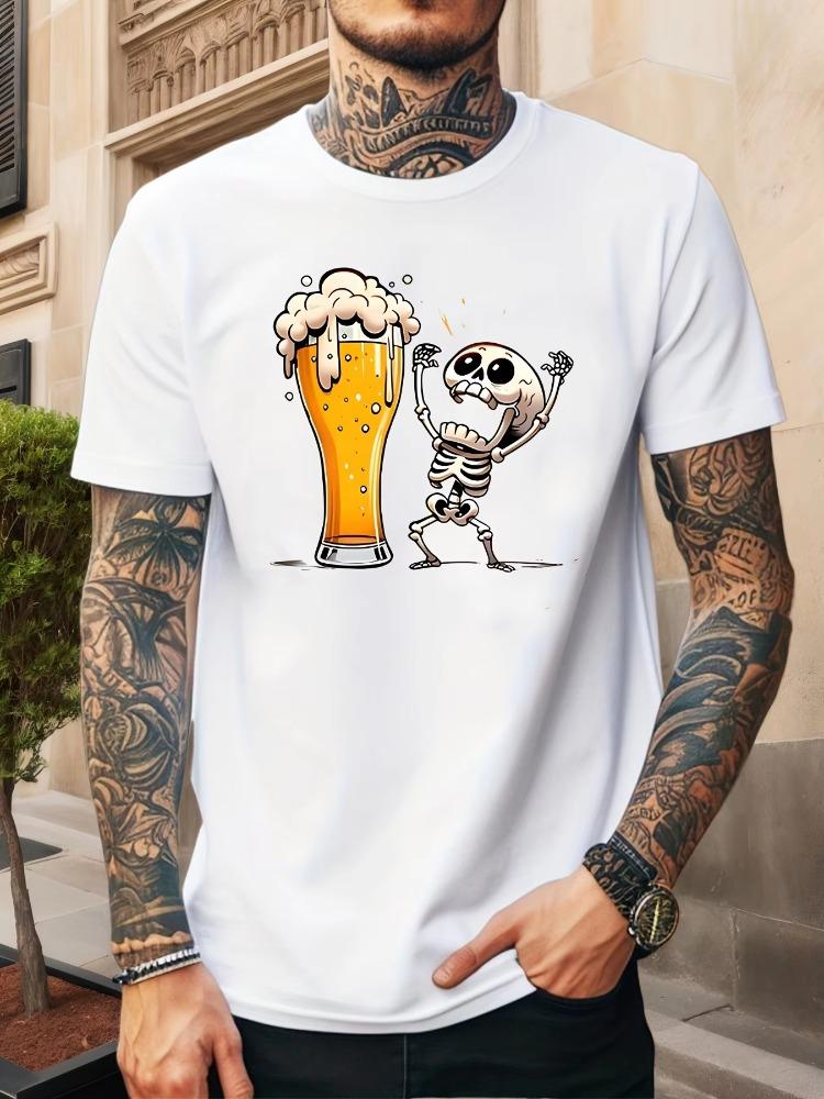 

Summer 100% Cotton Men s Casual Loose-fitting T-shirt, Breathable and Stylish Beer Skull Print Short-sleeved T-shirt, Crew Neck 5XL різнокольоровий