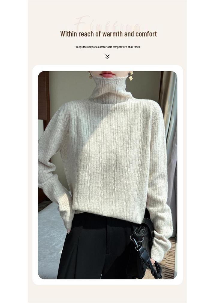 Women's Pure Wool Ribbed Turtleneck Sweater - Autumn/Winter Versatile Commuter Base Layer