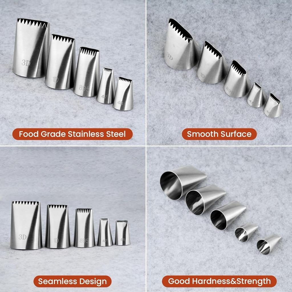 5Pcs Basketweave Piping Tip Set,Stainless Steel Half Row Braided Flower Mouth Nozzles with 10Pcs Disposable Piping Bags,Braided Decorating Tube
