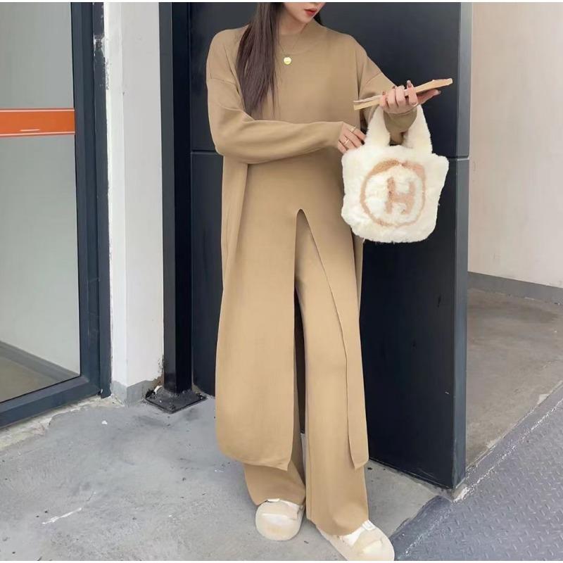 Lazy large size split two-piece sweater autumn and winter new wide-leg pants medium and long pullover knitted sweater set