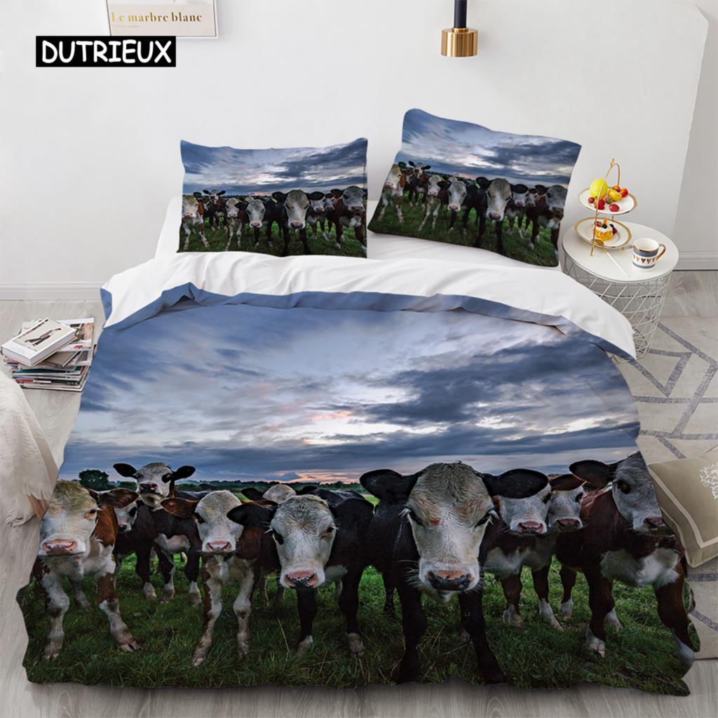 Highland Cattle Duvet Cover Set Funny Farm Animal Comforter Cover for Kids Boy Cow Mountain Meadow Queen Size 2/3pcs Quilt Cover