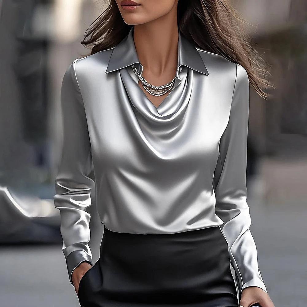 Women's Turn Down Collar Cowl Neck Long Sleeve Satin Blouse Elegant Solid Color Office Work Shirt Top