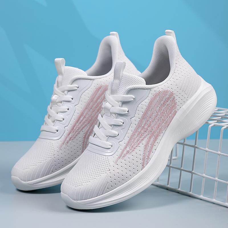 New White Pink Women Sports Shoes with Soft Soles Lightweight Student Running Shoe Mesh Breathable Casual Mesh Flat Sneakers 42