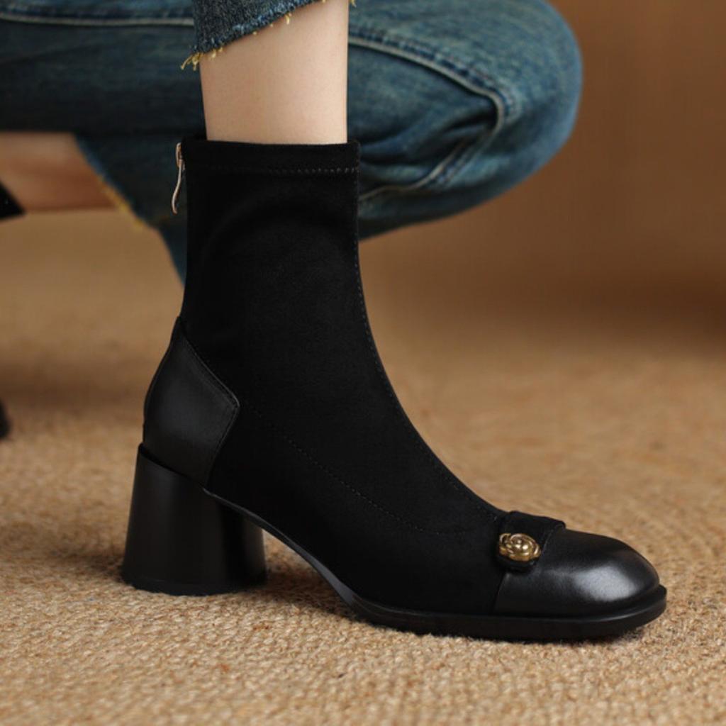 French retro splicing elastic thin boots women's autumn and winter new camellia round head thick heel short boots high heel Martin boots