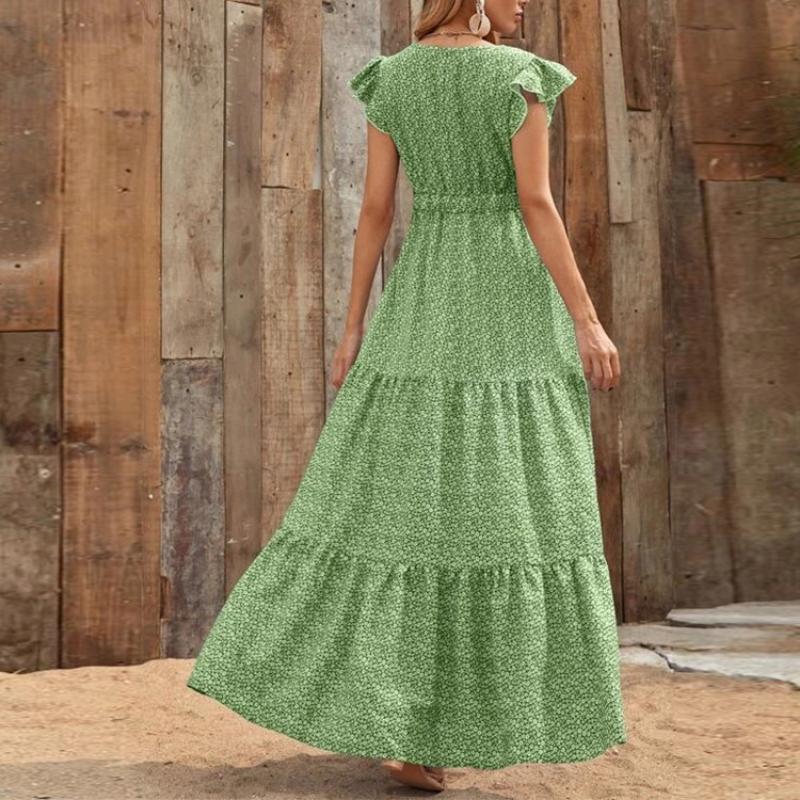 Maxi Abito Estivo Boho da Donna con Stampa Floreale Ditsy, Scollo a V, Vita Alta, Maniche a Volant, A Balze, Casual, per Vacanze al Mare