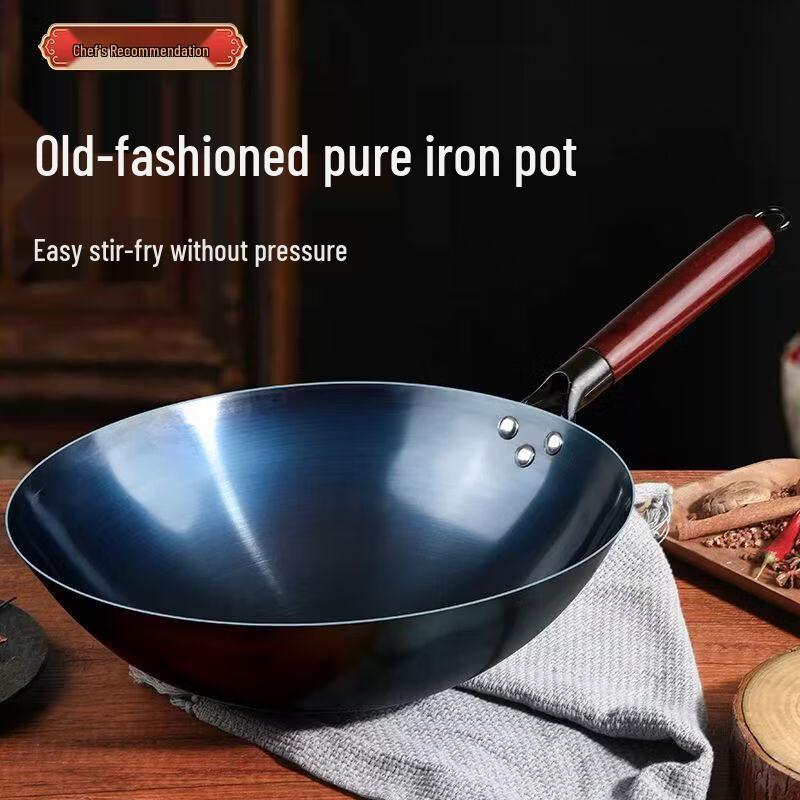 Traditional Blue-Baked Cast Iron Wok Set