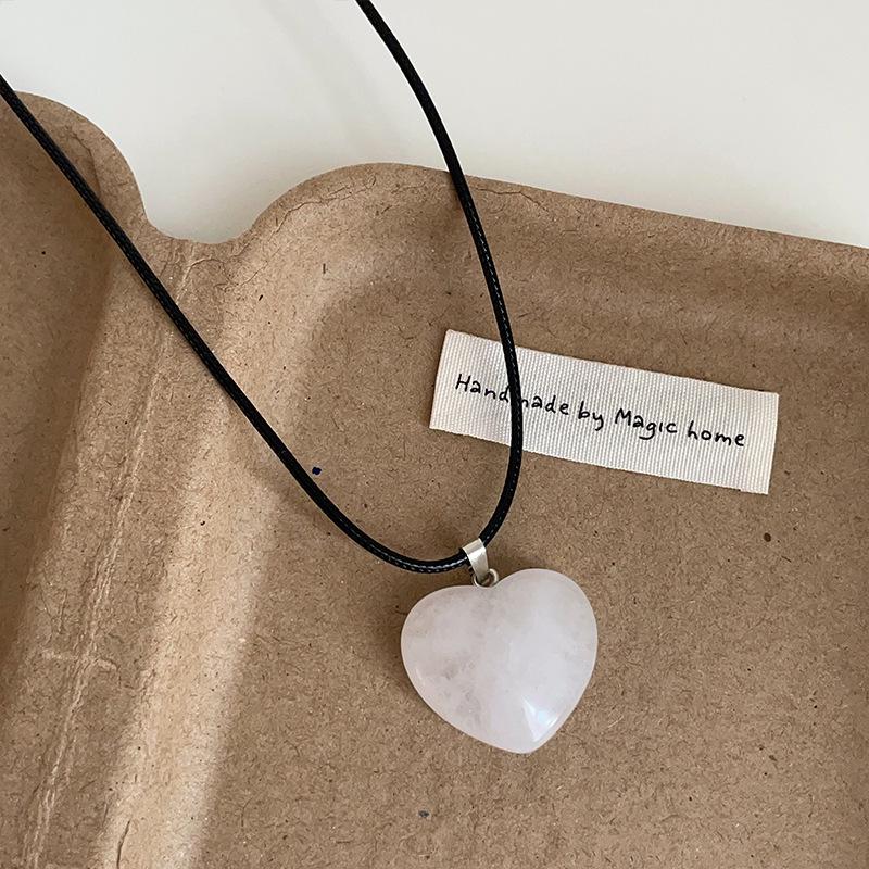 Natural Stone Heart Pendant Necklace - Black Cord, Women's Fashionable Choker for Commuting & Versatile Wear