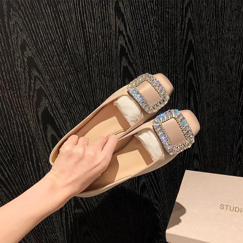 2025 spring new rhinestone square head light mouth silver flat-soled single shoes fairy soft leather temperament commuter women's shoes