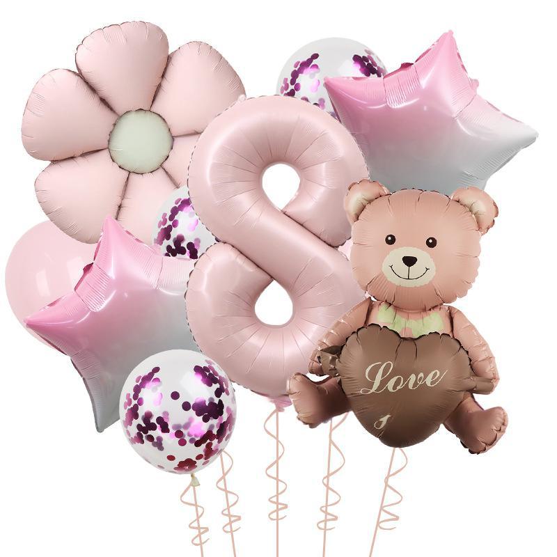 Matte Love Bear Colored Daisies 40 Inch Caramel Cream Aluminum Film Sequins Latex Balloon Birthday Set