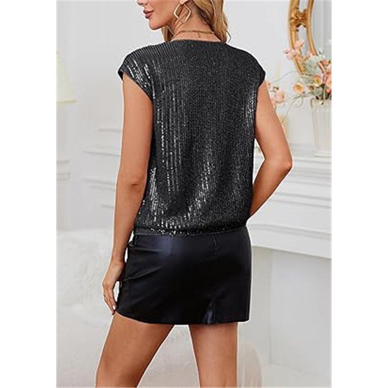 Top in Lavorazione con Paillettes Scollo a V da Donna Senza Maniche Scintillante Casual Camicetta