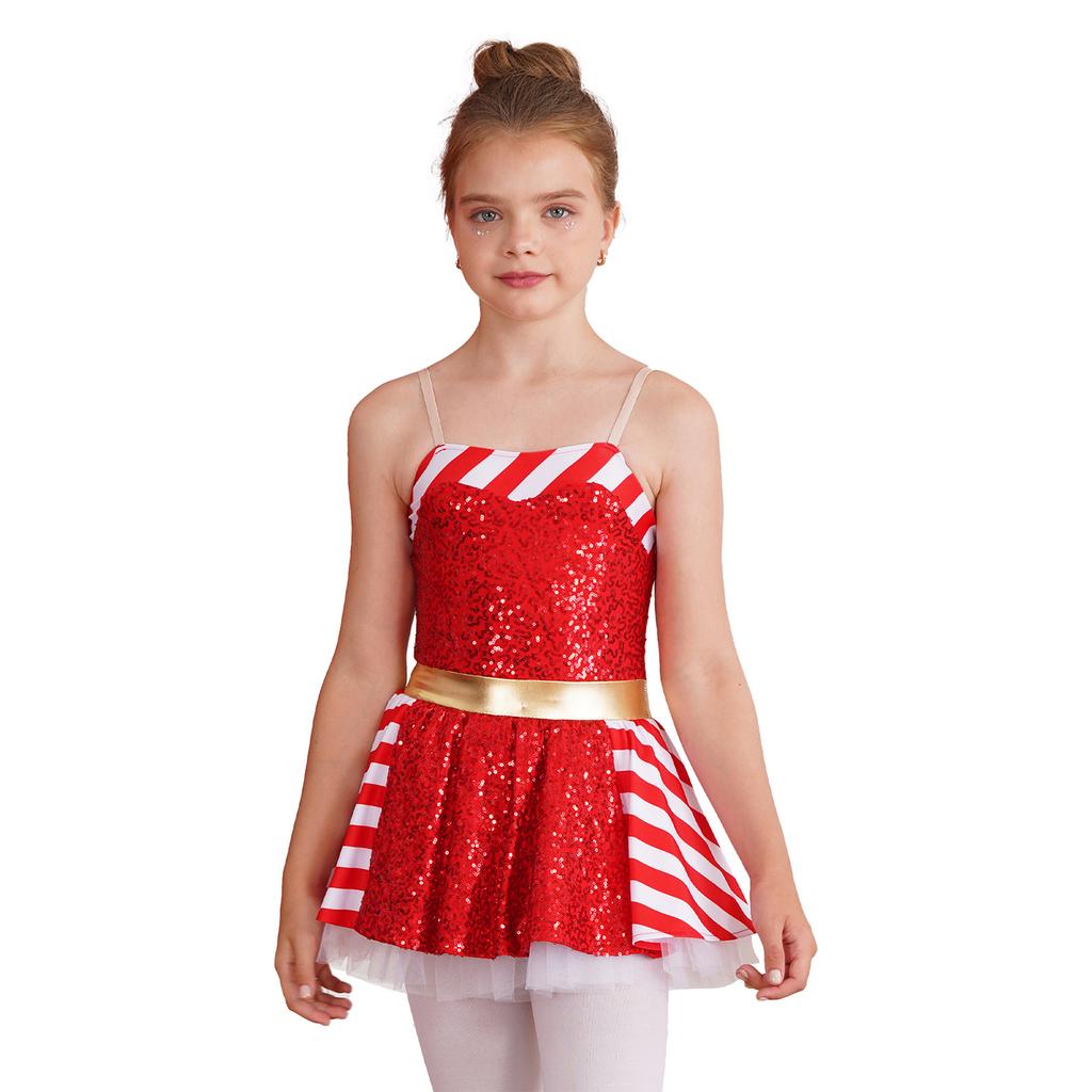 Girls Christmas Costume Striped Sequin Dress Adjustable Straps Skirt Jumpsuit Party Dress Up Outfit