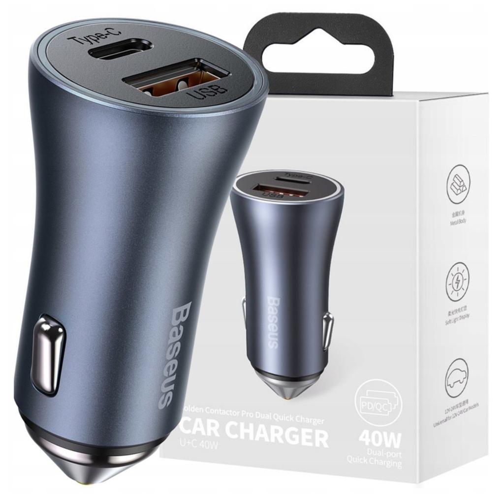 Baseus Golden Contactor Pro Car Charger, Usb + Usb-C, Qc4.0+, Pd, Scp, 40W (Gray)