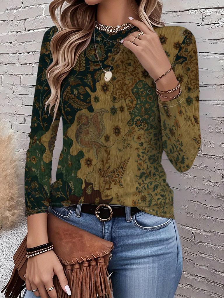 2026 New Women's Fashionable Long-Sleeved T-Shirt with Retro Floral Pattern, Perfect for Everyday Wear and Stylish Outfits
