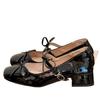 2025 New Silver Bow Square Head Middle Heel Mary Jane Shoes Children One Word with High Heels Thick Heel Single Shoes