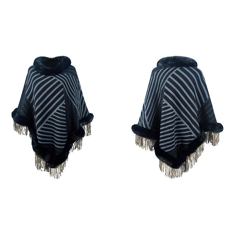 Autumn and Winter Women Stripe Loose Bat Sleeve Cross Border Cloak Cardigan Knitwear Half High Collar Sweater