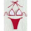 Women Sexy Solid Color Pleated Fabric Backless Two Piece Bikini Swimwear Set
