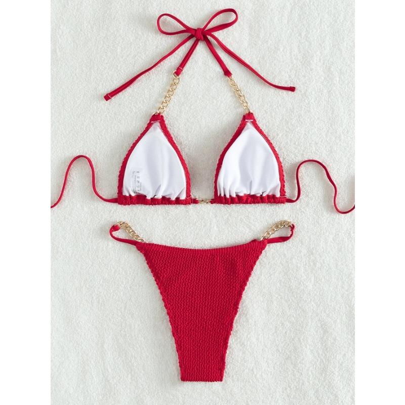 Women Sexy Solid Color Pleated Fabric Backless Two Piece Bikini Swimwear Set