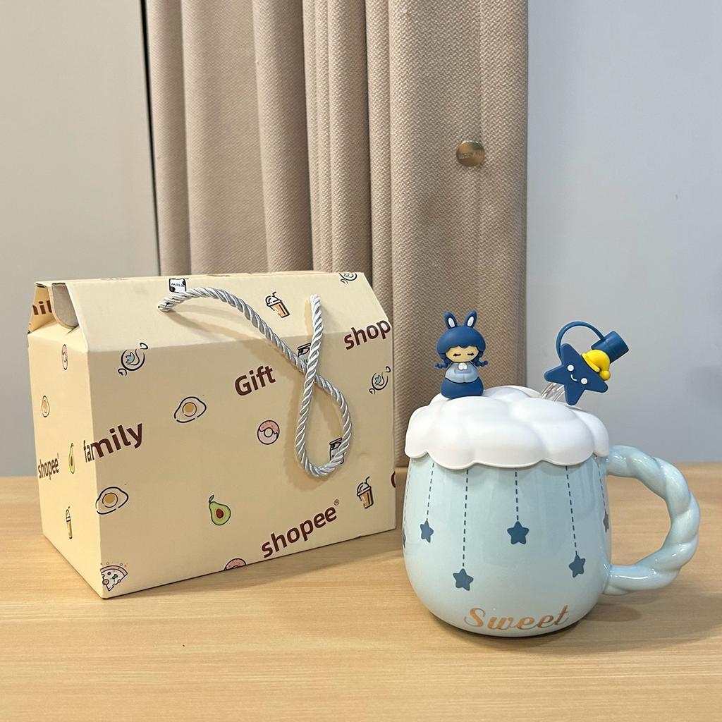 Blaues Mädchen Keramiktasse Große Kapazität mit Deckel Löffel Große Bauch Tasse Trinkwasserbecher Geburtstagsgeschenk für Mädchen Praktisch