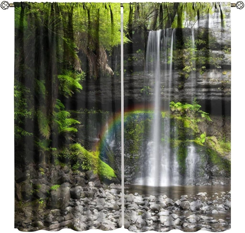 Blackout Red Forest Waterfall Windows Curtains Tree Landscape Woodland Scenic Nature Fall Scenery Art Printed Curtain Made Of Polyester Washable