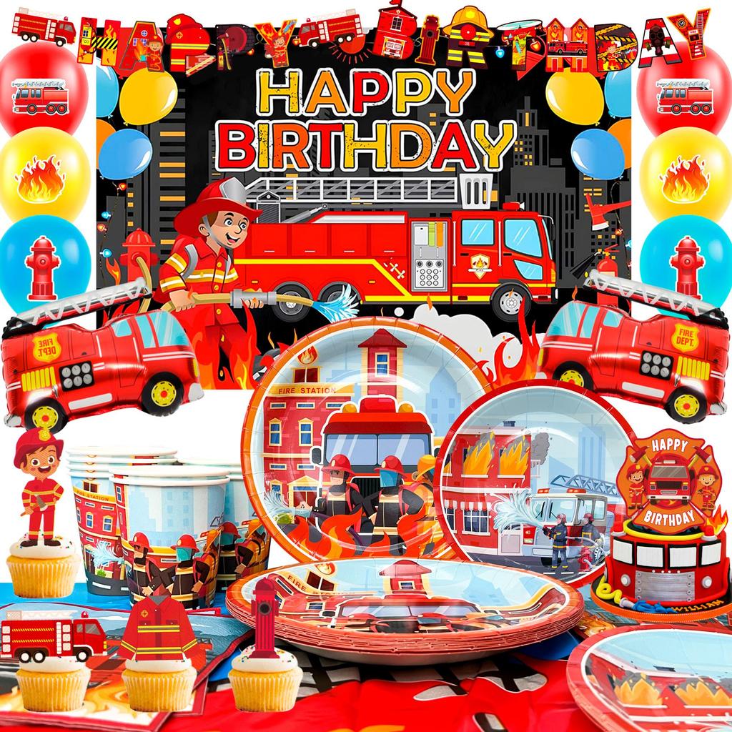 Fire Truck Birthday Party Supplies,Firetruck Birthday Decorations&Tableware Set-Plates Cups Balloon Backdrop etc Fire Truck Party Supplies