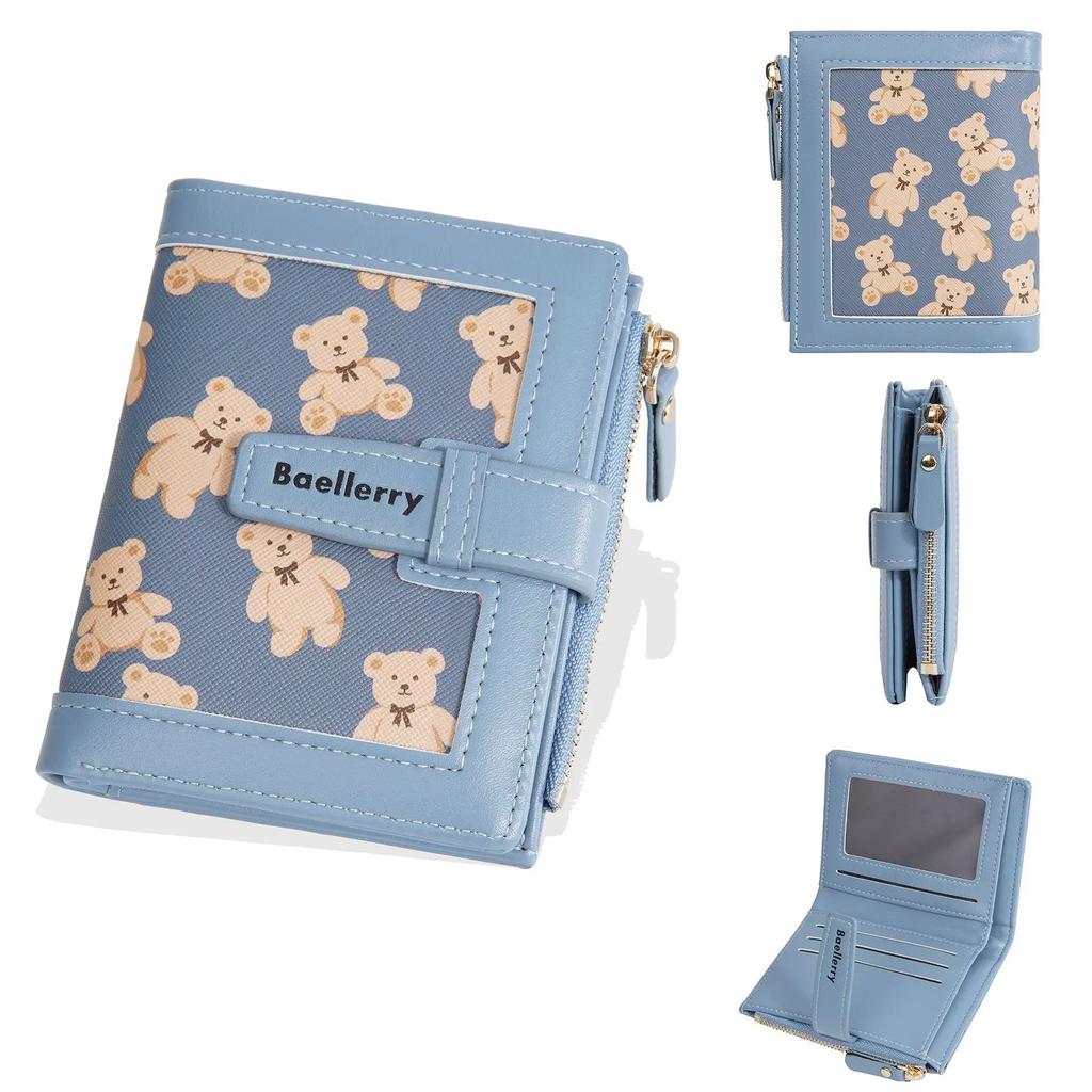 Women Short Purse Cute Fashion Printed Bear Zipper Hasp Coin Wallet Card Bag Ultra-Light Wear-Resistant Wallet Carteira