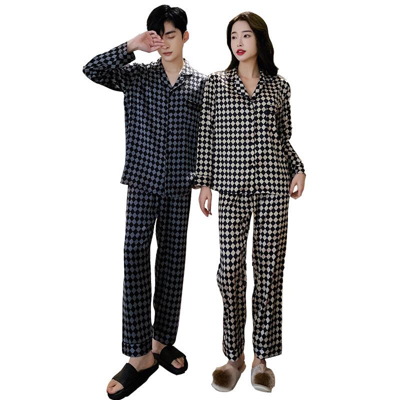 Couple's Ice Silk Pajama Set Spring Summer Fall Korean Style Lightweight Long Sleeve Top and Pants Men's Plus Size Loungewear