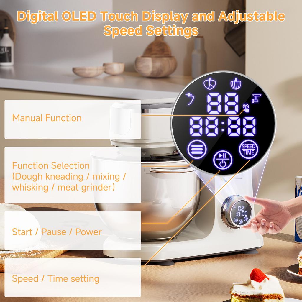 Biolomix BM606E Stand Mixer,1200W 7L Large Bowl OLED Touch Display Electric Kitchen Mixer