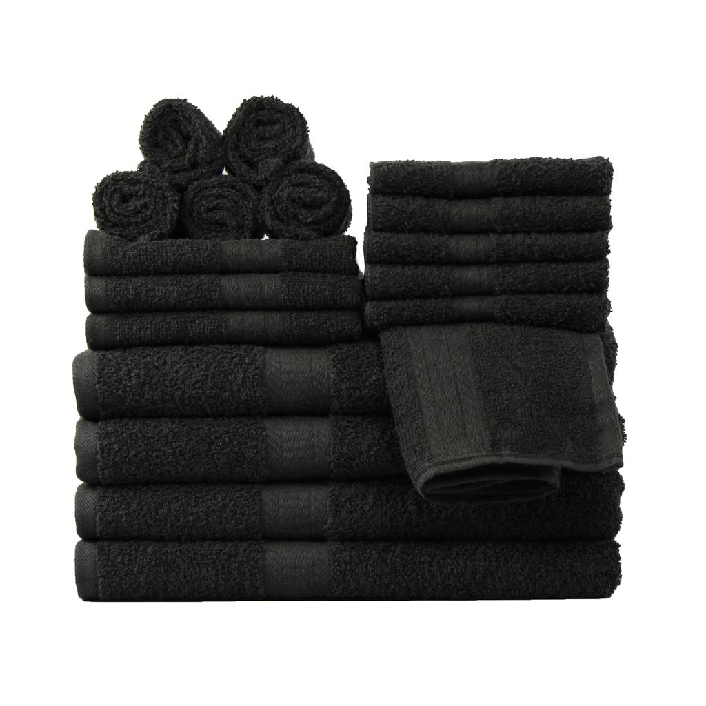 18 Piece 100% Cotton Towel Set, 4 Bath , 4 Hand and 10 Washcloths, Super Soft and Highly Absorbent Basic Solid Towel Set,Black