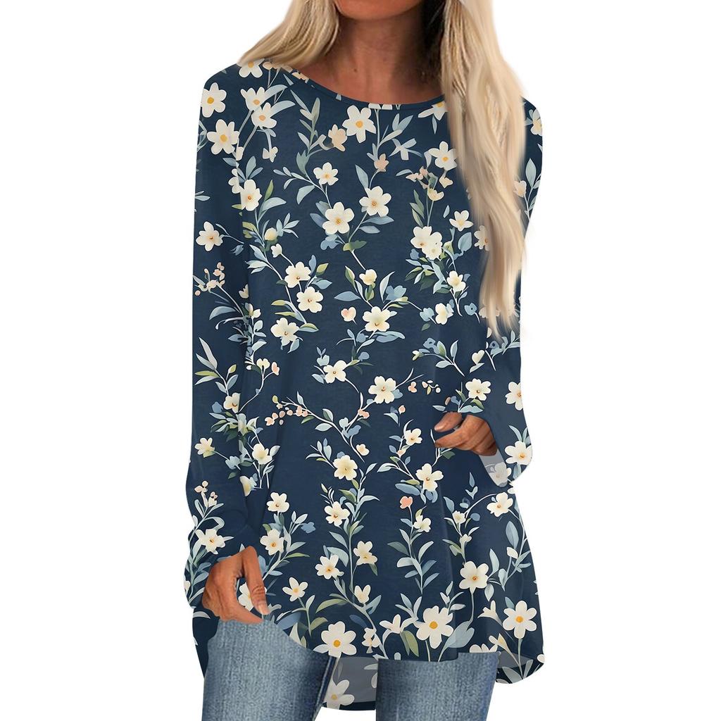 Women's Fashion Casual Long Sleeve Print Round Neck Pullover Top Blouse