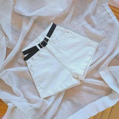 Women's High-Waist White Denim Shorts - Slim Fit, Curled Hem, Wide-Leg Trend, Summer Style
