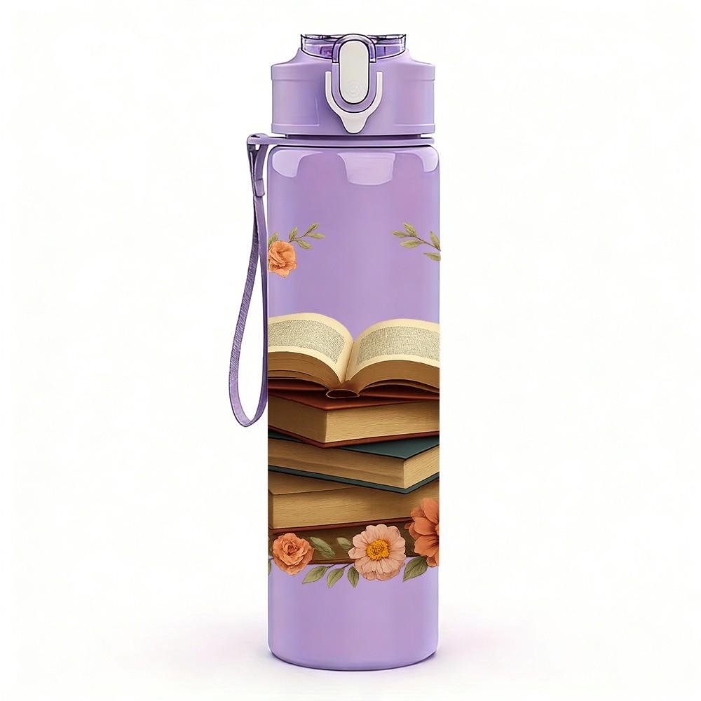 1PC Book Wreath Floral Frame Layout 750ml Color Plastic Sports Water Bottle Leakproof Flip Straw Lid For Sports Office Home Use