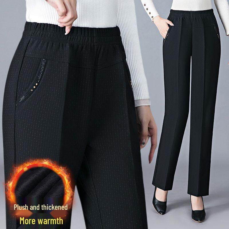 Fleece-Lined High-Waisted Straight-Leg Pants for Middle-Aged & Elderly Women - Ideal for Spring & Autumn