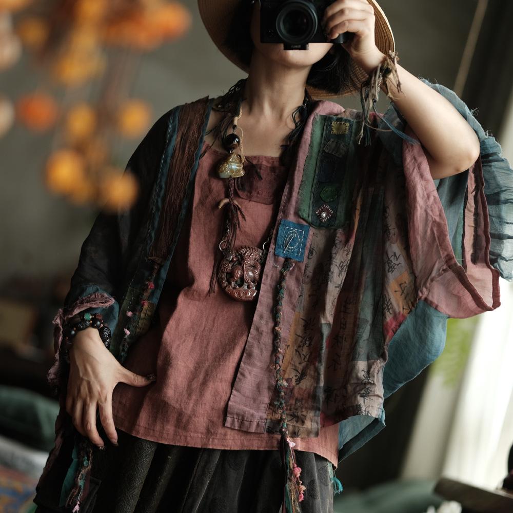 Johnature Women Vintage Patchwork Color Shirts Belt  Autumn Blouses Bat Sleeve Female Blouses Chinese Style Tops