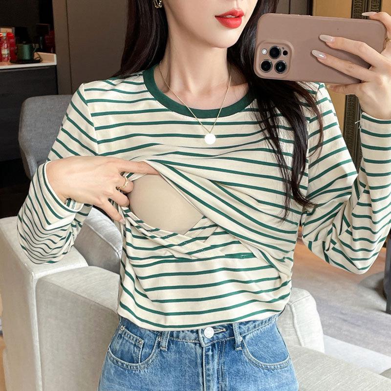 

Spring Cotton Long-Sleeve Nursing Top for Postpartum Comfort and Belly Coverage XL