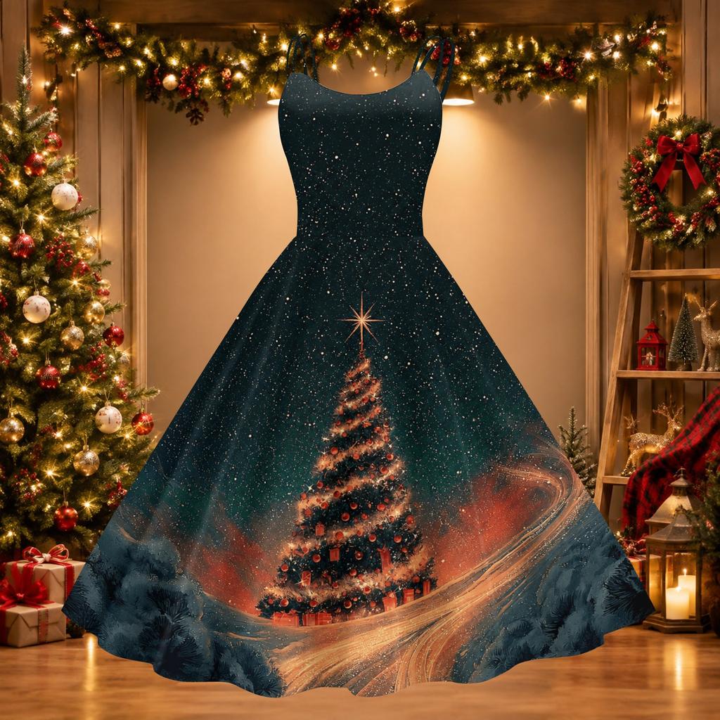 Women's Casual Retro Christmas Print Round Neck Dress, Stylish Holiday Party Outfit
