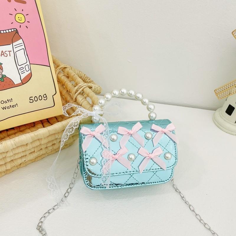 Stylish Children's Quilted Pearl Handbag With Lace And Bowknot For Girls Everyday Fashion