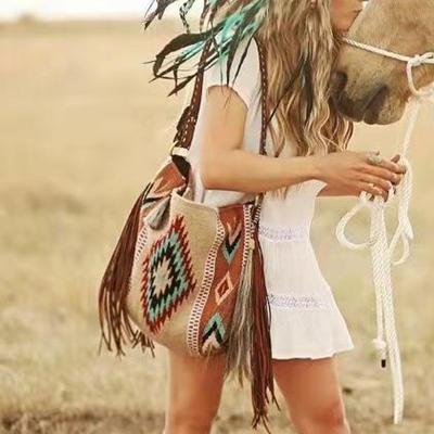 Bolso retro bohemio para mujer, bolso de hombro tejido de algodón y lino tejido hecho a mano europeo y americano, bolso cruzado para mujer