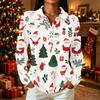 Women's Casual Long Sleeve Christmas Print Button Front Top with Collar and Side Slits