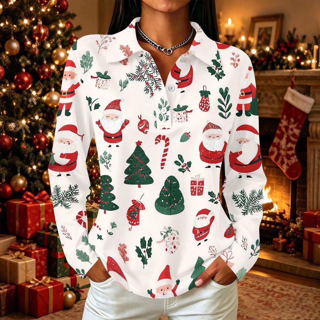 Women's Casual Long Sleeve Christmas Print Button Front Top with Collar and Side Slits