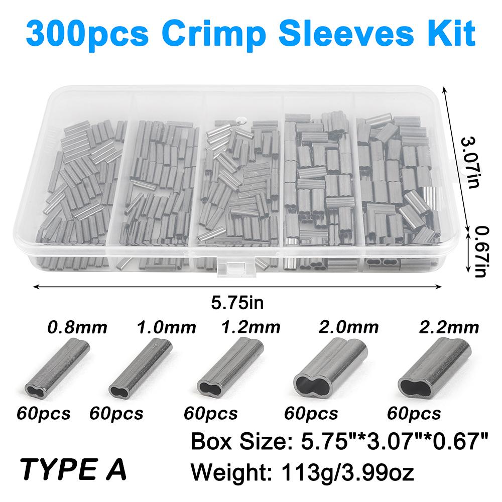300Pcs/Box Fishing Crimp Sleeves Kit Double Barrel Crimp Sleeves Copper Crimping Sleeves Tubes Fishing Line Connector Tackle Quality