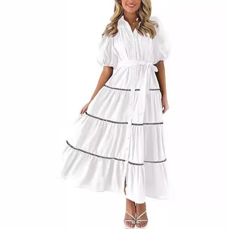 Elegantes Damen-Hemdkleid mit Rüschen in Übergröße, lockerer, plissierter Verband, Puffärmel, kurze Ärmel, Sommerkleid mit Knöpfen, modische Party-Prinzessinnenkleider 1078