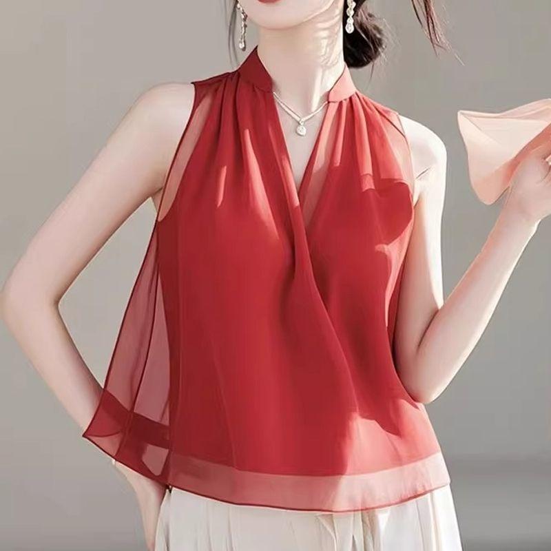 

Sleeveless Chiffon Shirt Summer New Korean Style Fashionable V-neck Top Loose Simple Flesh-covering Small Fresh Shirt L червоний