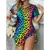 Spring Summer Women'S Nightgown T-Shirt Dress, Rainbow Gradient Leopard Print Short Sleeve Loose