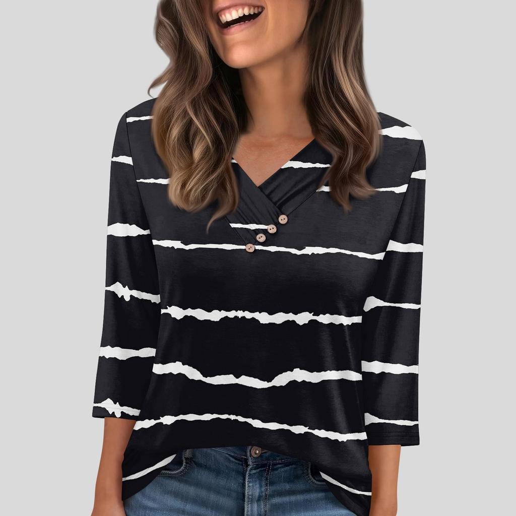 Damen T-Shirt Tee Knopf 3/4 Ärmel Tunika Täglich Wochenende Mode Basic V-Ausschnitt Reguläres Oberteil