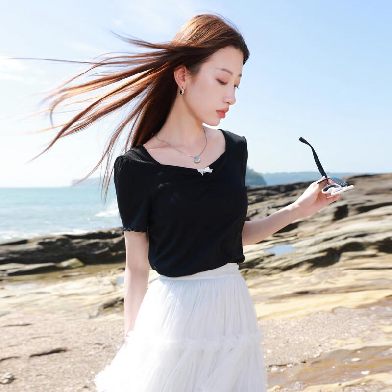 Sancai Plus Size Square Neck Ribbed Bowknot T-Shirt