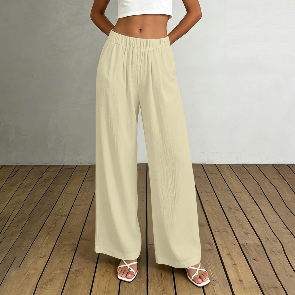 Damen High Waist Wide Leg Hose mit elastischem Bund Lockerer Schnitt Leichter fließender Stoff mit Taschen für Freizeitkleidung