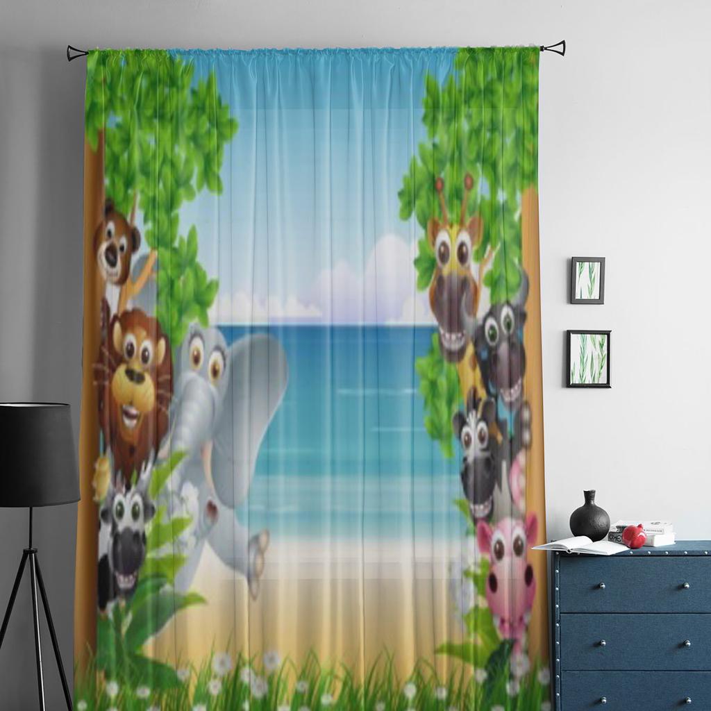 Funny Animal Cartoon With Tropical Beach Window Curtains Sheer Chiffon Tulle Curtain Home Living Room Backdrop Decoration