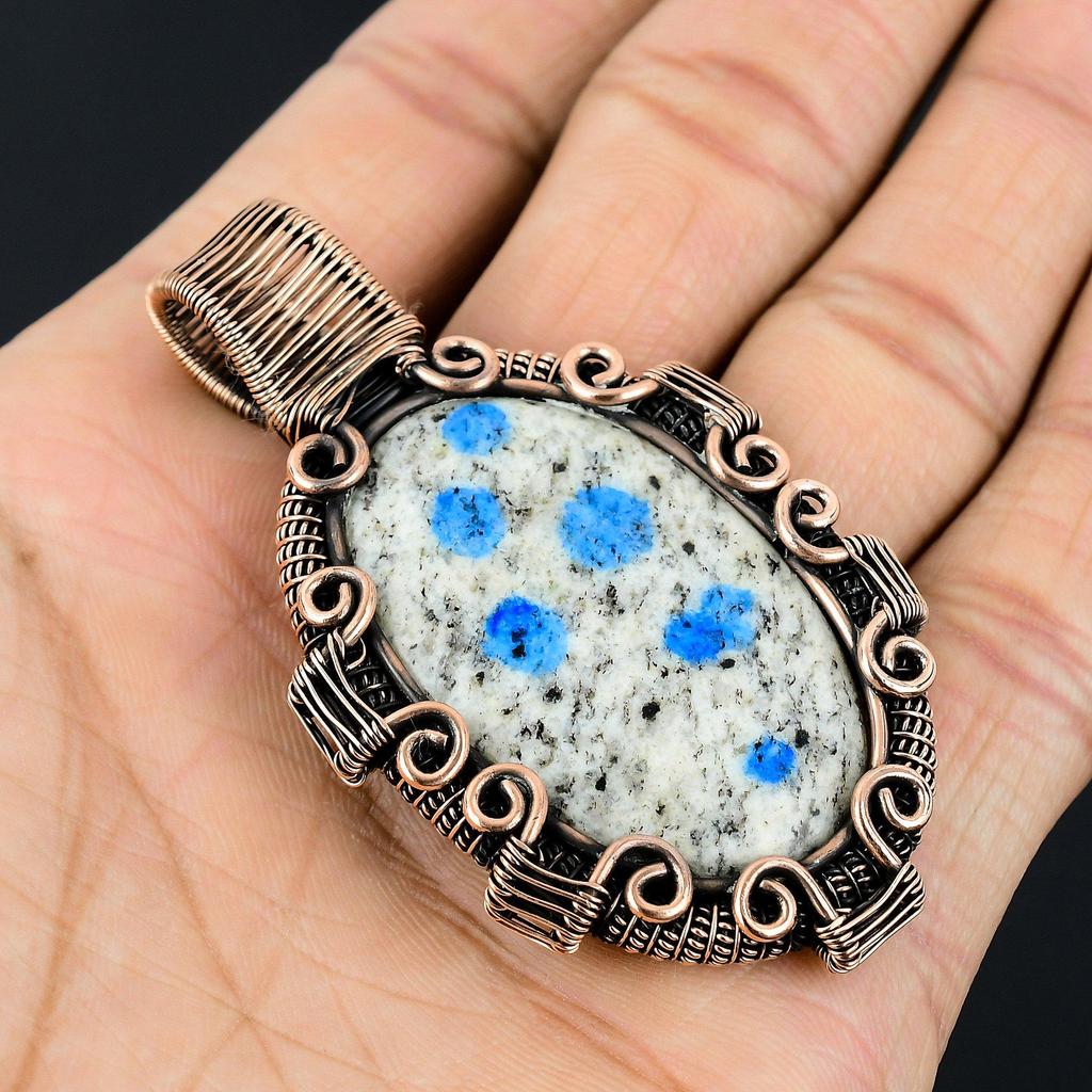 K2 Azurite Pendant, 999 Copper Wire Wrapped Gemstone Jewelry, Handmade Pendant, For Thanksgiving